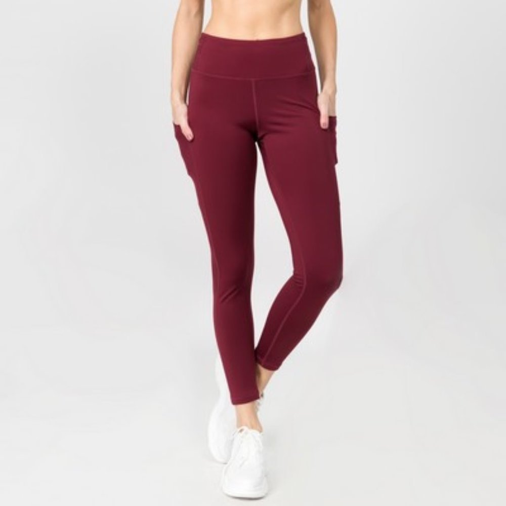 High Waist 5 Pocket Workout Leggings - BURGUNDY